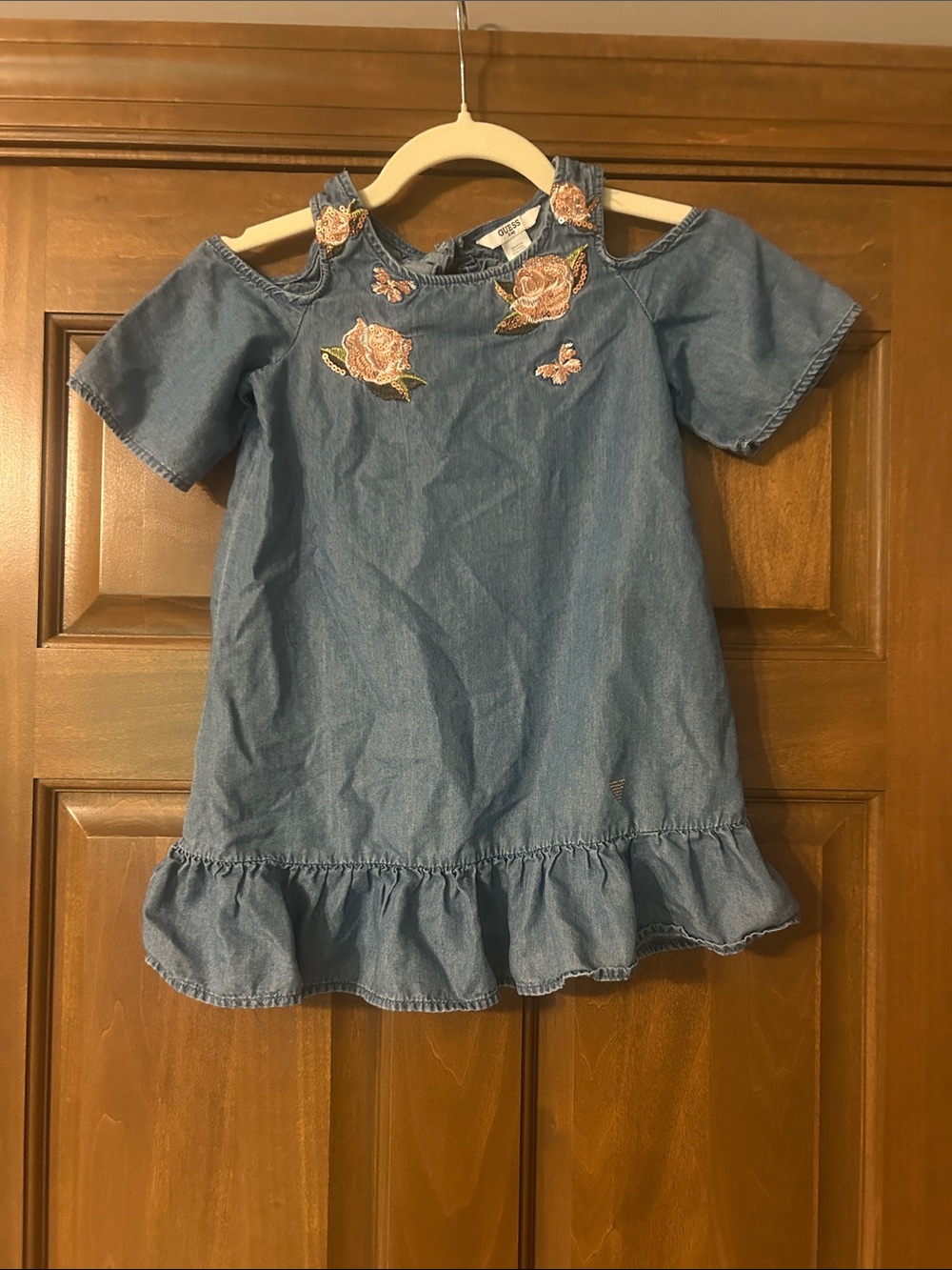 Guess Girls' Blue Denim Dress with Pink Floral Embroidery